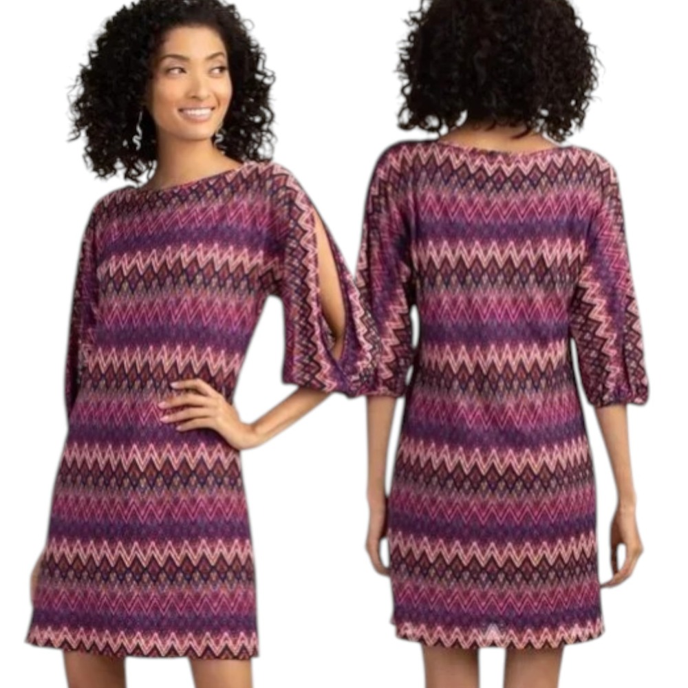 Trina Turk Chevron Knit Dress L Pink Purple Geometric Boho Stretch Shift Resort‎